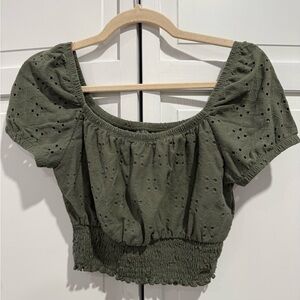 Hollister Olive Green Eyelet Crop Top – Smocked Waist – Size XS